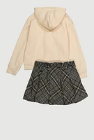 Girls Self Love Club Bear Hoodie and Plaid Skirt, Beige, Size 10-12