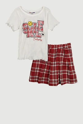 Girls Smile Everyday Top and Plaid Skirt, Burgundy,