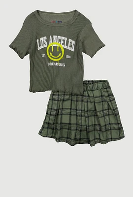 Girls Los Angeles Smiley Top and Plaid Skirt Set, Green, Size 10-12