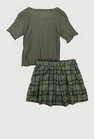 Girls Los Angeles Smiley Top and Plaid Skirt Set, Green, Size 10-12
