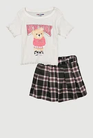 Girls New York Lettuce Edge Graphic Top and Plaid Skort, Multi, Size 7-8