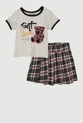 Girls Self Love Bear Ringer Tee and Pleated Skirt, Multi, Size 7-8