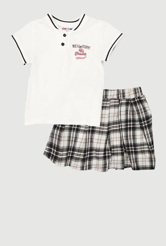 Girls New York Dreamer Polo Shirt and Plaid Skirt, Multi, Size 10-12