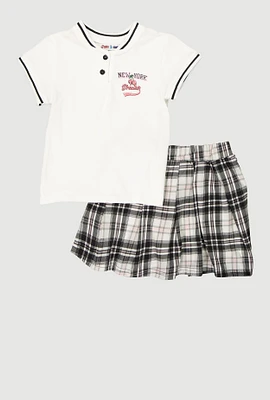 Girls New York Dreamer Polo Shirt and Plaid Skirt, Multi, Size 10-12
