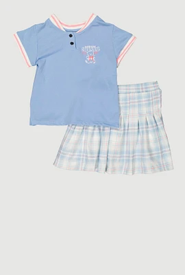 Girls Dream Chaser Varsity Polo Shirt and Plaid Skirt, Blue, Size 10-12