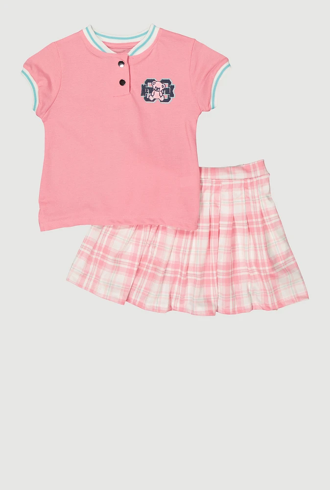 Girls New York Glitter Top and Plaid Skort, Pink, Size 10-12