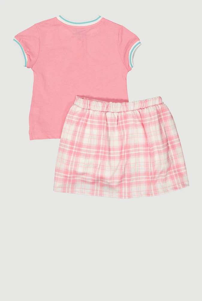 Girls New York Glitter Top and Plaid Skort, Pink, Size 10-12