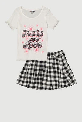 Girls Inspire More Love Top and Buffalo Plaid Skirt, Multi, Size 7-8