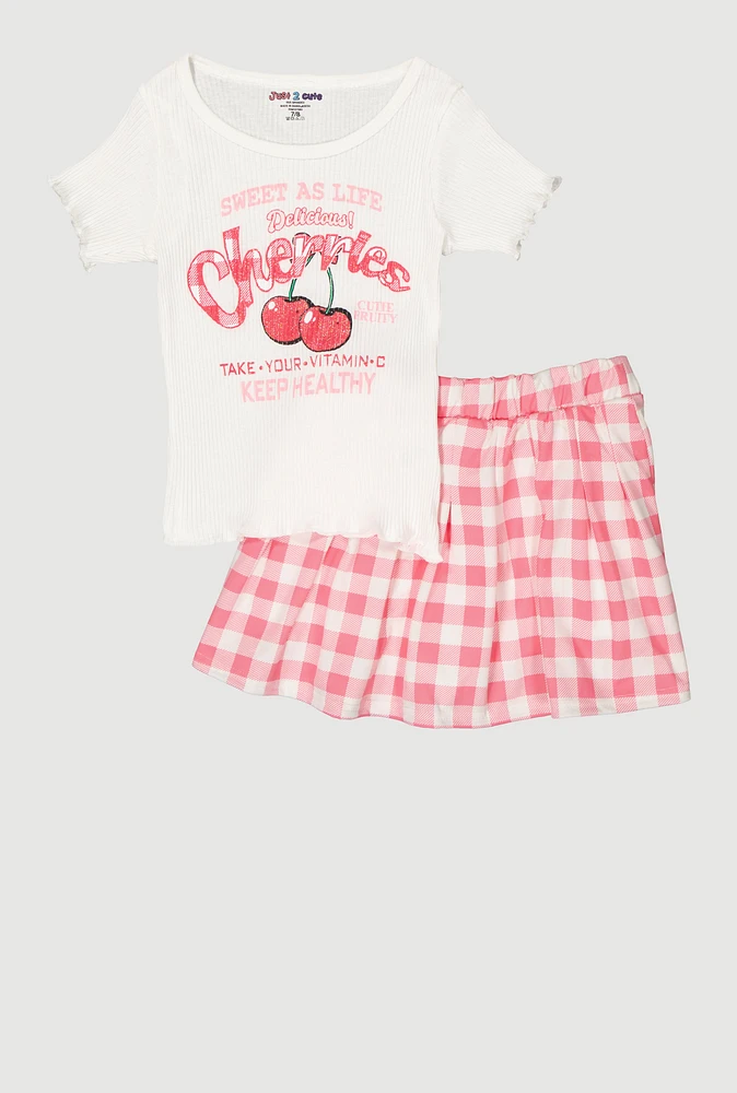 Girls Cherries Glitter Graphic Tee and Pleated Skort, Pink, Size 14-16