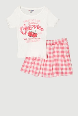 Girls Cherries Glitter Graphic Tee and Pleated Skort, Pink, Size 14-16