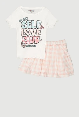 Girls Self Love Club Glitter Top and Plaid Skort, Pink, Size 10-12