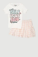 Girls Self Love Club Glitter Top and Plaid Skort, Multi, Size 10-12