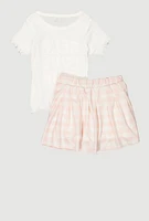 Girls Self Love Club Glitter Top and Plaid Skort, Multi, Size 10-12