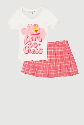 Girls Lets Go Girls Cowgirl Top and Plaid Skirt, Pink, Size 10-12