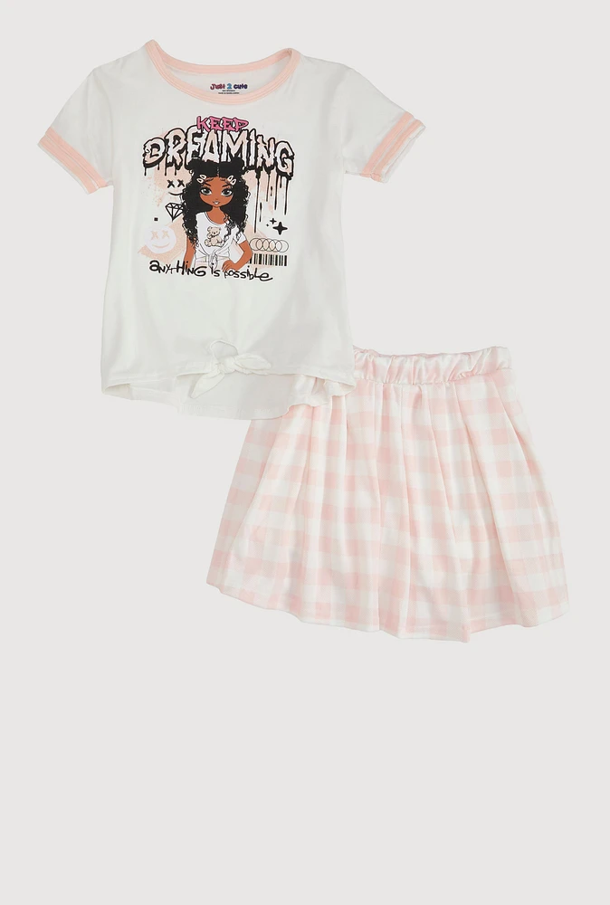 Girls Keep Dreaming Glitter Tie Front Tee and Skort, Pink, Size 7-8