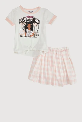 Girls Keep Dreaming Glitter Tie Front Tee and Skort, Pink, Size 7-8