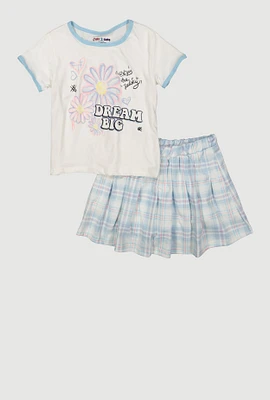 Girls Dream Big Glitter Graphic Tee and Plaid Skort, Blue, Size 14-16