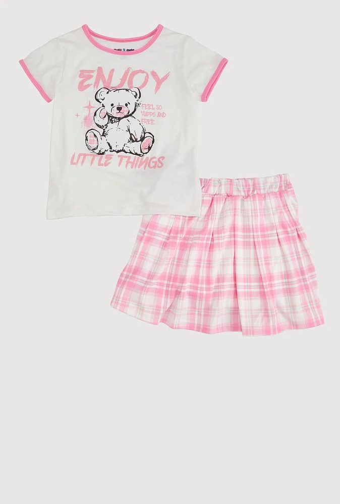 Girls Enjoy Little Things Glitter Tee and Plaid Skort, Pink, Size 10-12