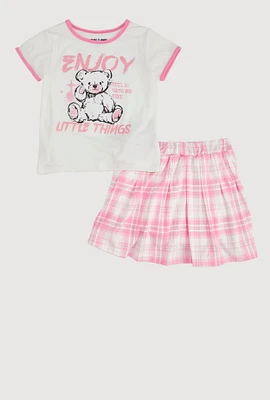 Girls Enjoy Little Things Glitter Tee and Plaid Skort, Pink, Size 10-12