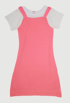Little Girls Color Blocked Rhinestone Studded T Shirt Dress, Multi, Size 5-6