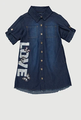 Little Girls Love Graphic Shirt Dress, Blue, Size 6X