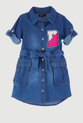 Little Girls B Initial Chambray Shirt Dress, Blue, Size 5-6