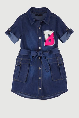 Little Girls B Initial Chambray Shirt Dress, Blue, Size 5-6