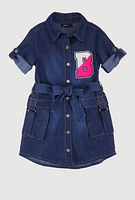 Little Girls B Initial Chambray Shirt Dress, Blue, Size 5-6