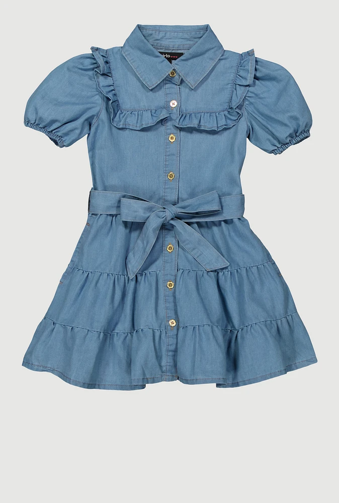 Little Girls Ruffle Detail Tiered Dress, Blue, Size 6X