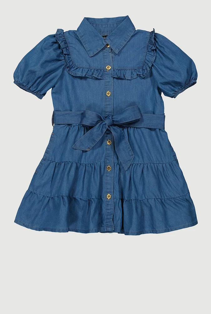Little Girls Ruffle Detail Tiered Dress, Blue, Size 5-6