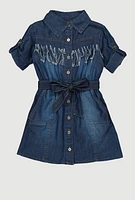 Little Girls Chambray Distressed Fringe Shirt Dress, Blue, Size 5-6