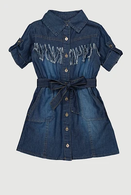 Little Girls Chambray Distressed Fringe Shirt Dress, Blue, Size 6X