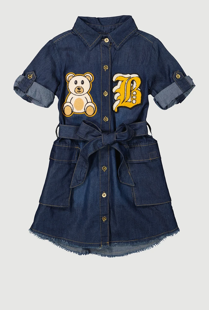 Little Girls Chenille B Initial Patch Cargo Shirt Dress, Blue, Size 5-6
