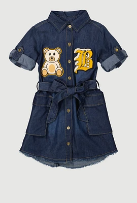 Little Girls Chenille B Initial Patch Cargo Shirt Dress, Blue, Size 5-6
