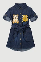 Little Girls Chenille B Initial Patch Cargo Shirt Dress, Blue, Size 5-6