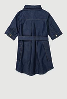 Little Girls Chenille B Initial Patch Cargo Shirt Dress, Blue, Size 5-6