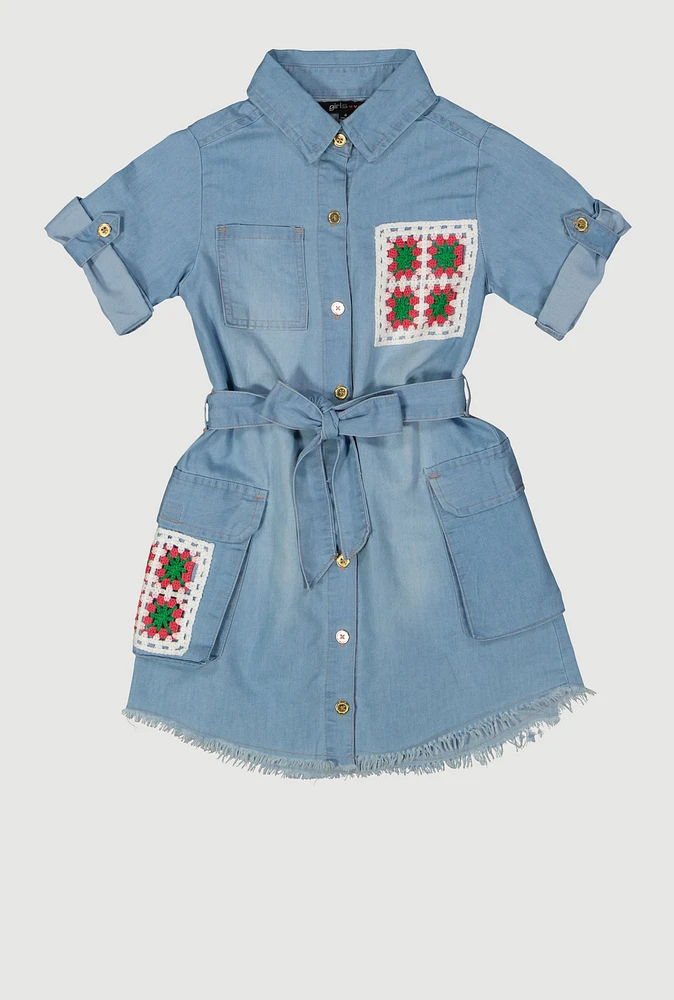 Little Girls Crochet Patch Chambray Shirt Dress, Blue,