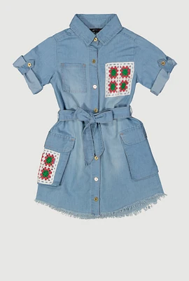 Little Girls Crochet Patch Chambray Shirt Dress, Blue,