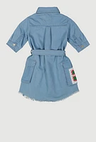 Little Girls Crochet Patch Chambray Shirt Dress, Blue,