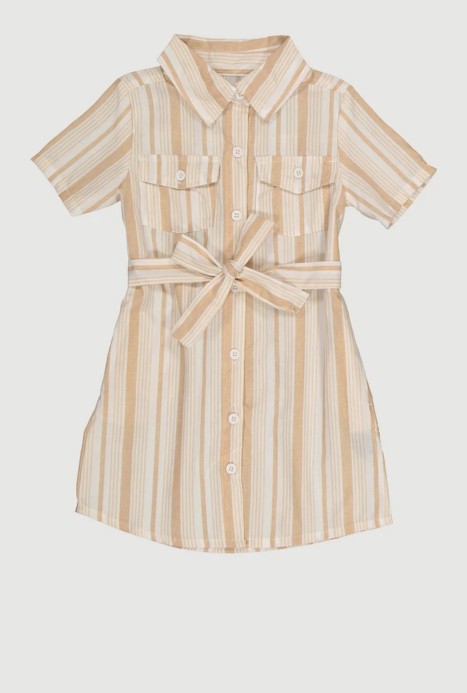 Little Girls Striped Tie Waist Belt Shirt Dress,