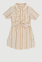 Little Girls Striped Tie Waist Belt Shirt Dress,