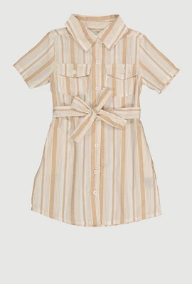 Little Girls Striped Tie Waist Belt Shirt Dress,