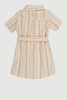 Little Girls Striped Tie Waist Belt Shirt Dress,