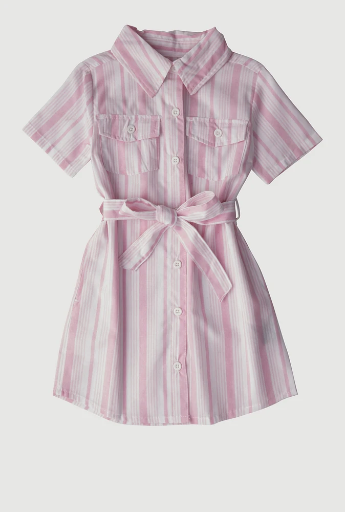 Little Girls Striped Tie Waist Belt Shirt Dress, Pink, Size 5-6