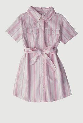 Little Girls Striped Tie Waist Belt Shirt Dress, Pink, Size 5-6