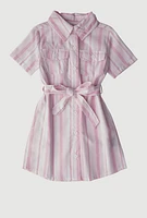Little Girls Striped Tie Waist Belt Shirt Dress, Pink, Size 5-6