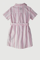 Little Girls Striped Tie Waist Belt Shirt Dress, Pink, Size 5-6
