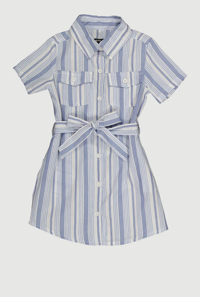 Little Girls Striped Tie Waist Belt Shirt Dress, Blue, Size 5-6