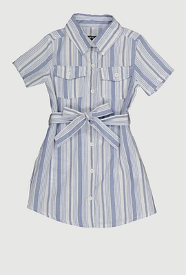 Little Girls Striped Tie Waist Belt Shirt Dress, Blue, Size 5-6