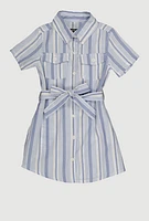 Little Girls Striped Tie Waist Belt Shirt Dress, Blue, Size 5-6